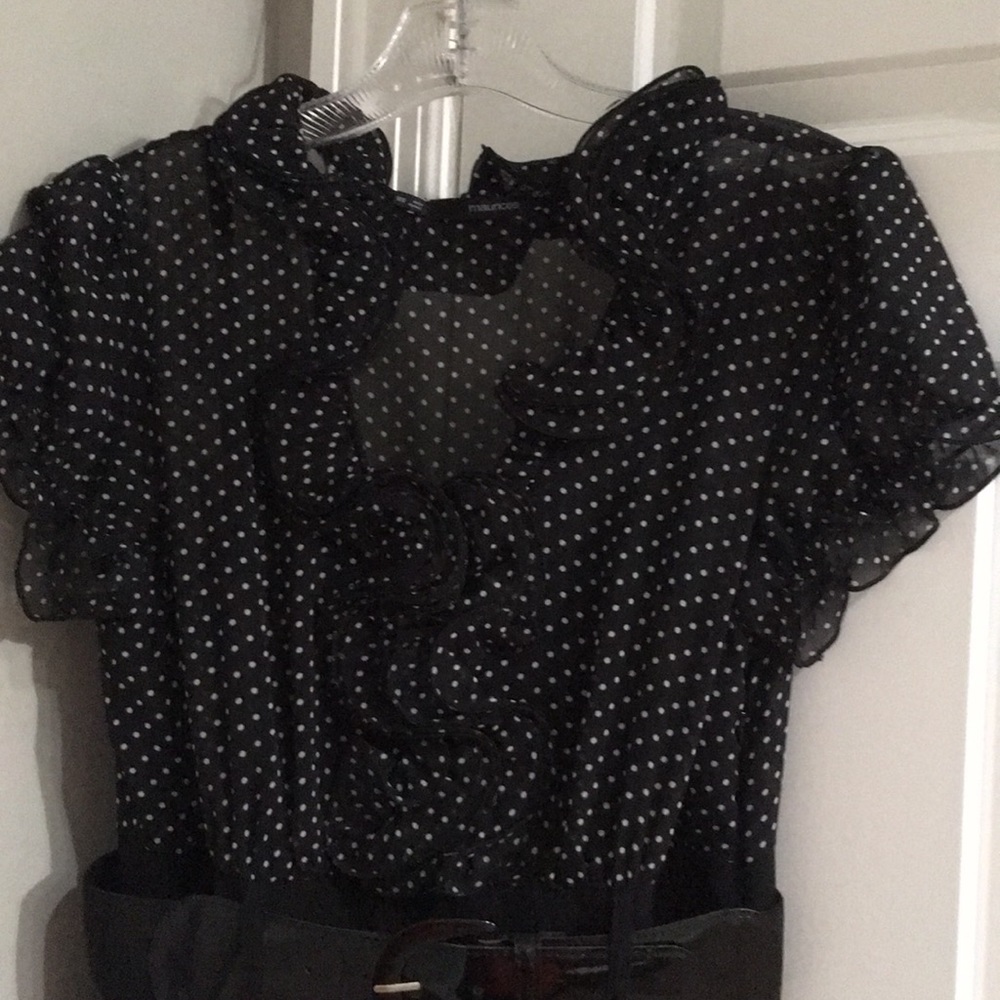 Maurice’s black and polka dotted dress with belt